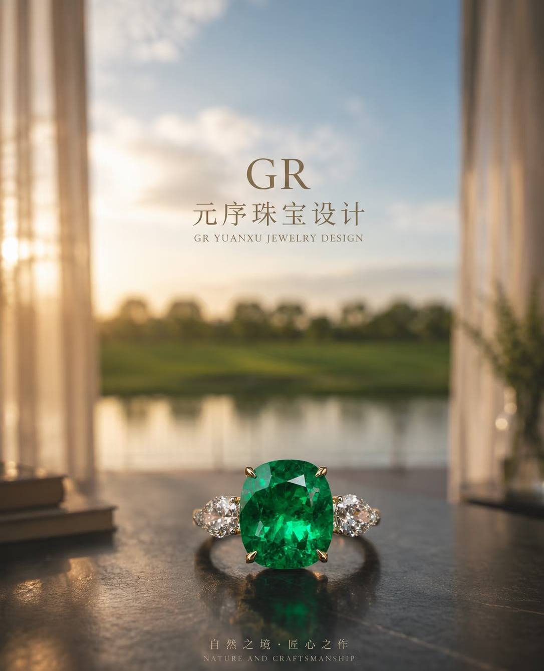 Emerald ring by GR Yuanxu Jewelry Design in a soft nature setting